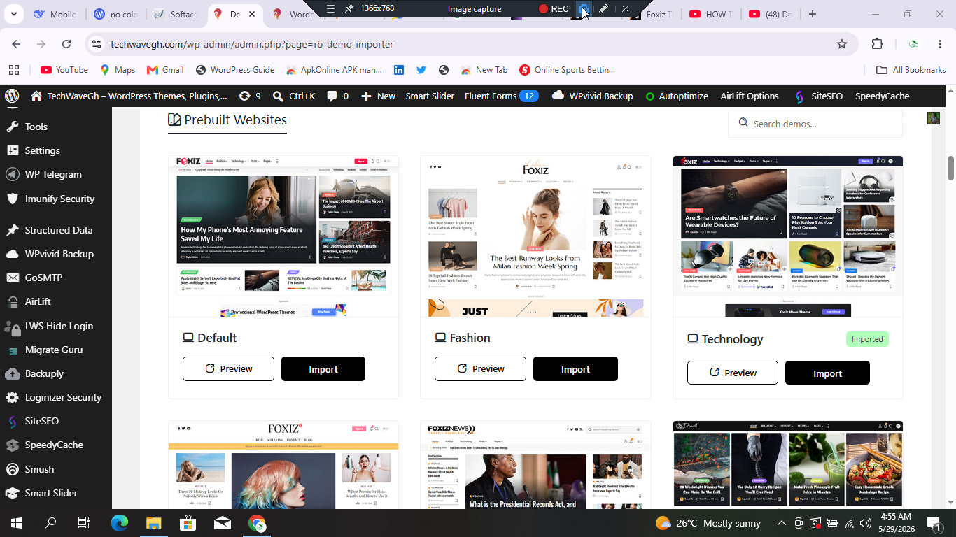 Screenshot of the WordPress admin dashboard on TechWaveGh showing the Foxiz theme demo importer page with multiple prebuilt website templates like Default, Fashion, and Technology layouts.