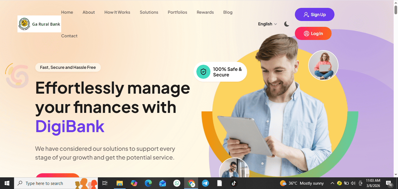 DigiBank online banking software frontend interface showing navigation menu, weather widget, current time, and call-to-action buttons for SignUp and Login.