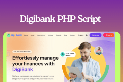 Digibank PHP Script homepage showing Fast, Secure and Hassle Free interface with Get Started button