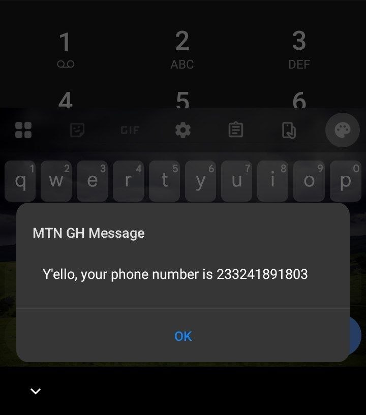 MTN message screen displaying a user's phone number 233241891803 with an OK button